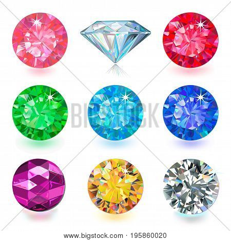 Gemstone bright flatlay set (top side view) isolated on white background vector illustration