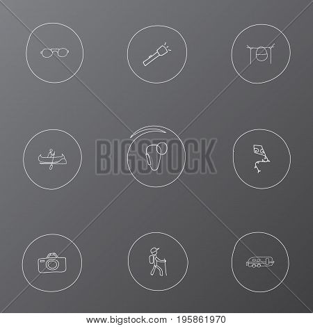 Set Of 9 Editable Camping Doodles. Includes Symbols Such As Flying Toy, Campfire Cooking, Eyeglasses And More