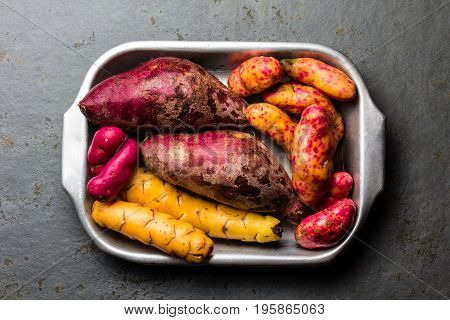 Peruvian raw ingredients for cooking - yuca, colored sweet potatoes and camote batata. Top view.
