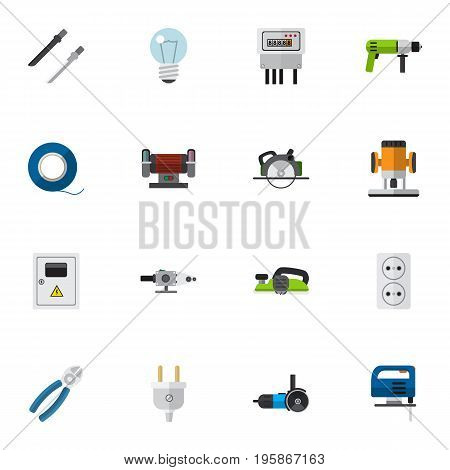 Set Of 16 Editable Instruments Flat Icons. Includes Symbols Such As Buzzsaw, Socket, Grinding Machine And More