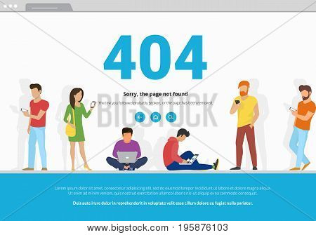 404 error page not found concept illustration of young people using mobile smarthone and laptop for web browsing. Flat design of guys and women standing into 404 error browser webpage frame