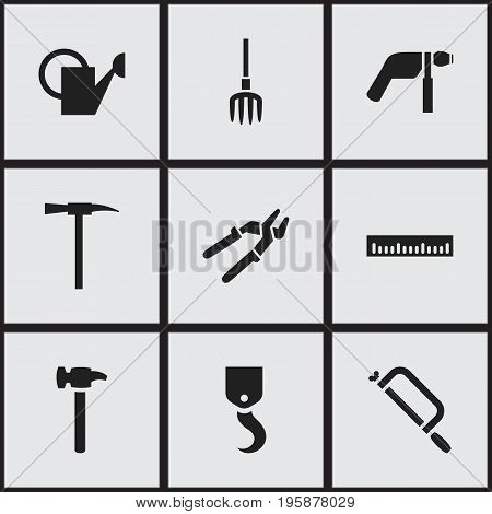 Set Of 9 Editable Instrument Icons. Includes Symbols Such As Handsaw, Repairing Tool, Crane