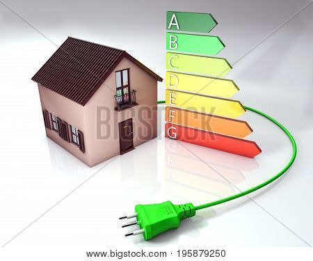 Energy classes with home model and cable - 3D rendering