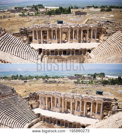 Collage of Roman Hierapolis with adjacent remains of buildings Pamukkale Turkey.Ruins of theater