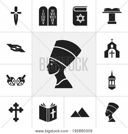 Set Of 12 Editable Faith Icons. Includes Symbols Such As Poniard, Orator Tribune, Minaret And More