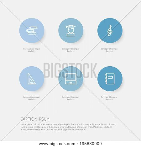 Set Of 6 Editable Teach Outline Icons. Includes Symbols Such As Classbook, Notebook, Treble Clef And More