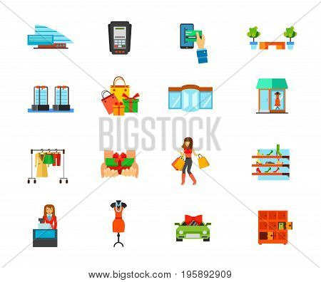 Shopping mall icon set. building Dataphone E-payment Bench Sensor gates Holiday purchase Revolving door Showcase Fashion store Free gift Woman shopping Shoe store Cashier Dress Special offer Lockers