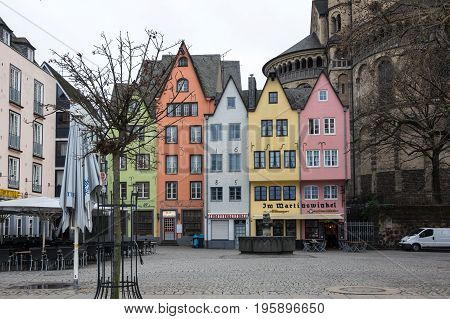 COLOGNE GERMANY - FEBRUARY 22 2016: View of embankment in Cologne the largest city in the German federal State of North Rhine-Westphalia and the fourth-largest city in Germany