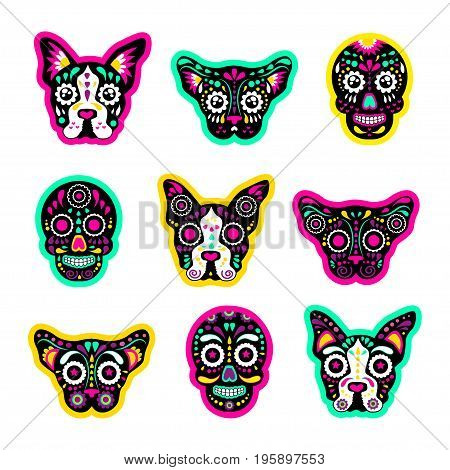 Fashion patch badges with dogs bulldog Skulls calavera and other. Very large set of girlish and boyish stickers patches in cartoon isolated.Trendy print for backpacks things clothes