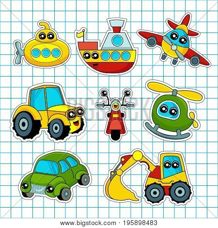 Fashion patch badges with ship car aircraft scooter motorcycle and other. Very large set of girlish and boyish stickers patches in cartoon isolated.Trendy print for backpacks things clothes
