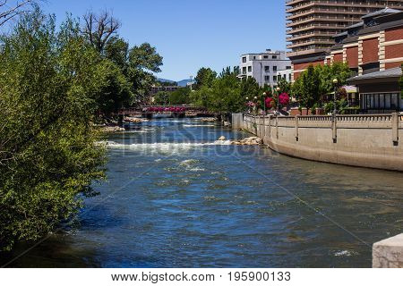 Bridge Crossing Truckee River Near River Walk In Reno, Nevada