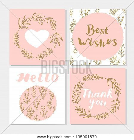 Set of cute postcards with hand lettering, laurel wreaths, branches, leaves, heart. Best wishes. Thank you. Hello. Vector illustration.