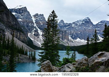 Moraine lake in Banff National park is a well visited spot during tourist season.