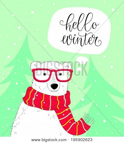 Vector winter background with cute polar bear. Cozy winter illustration. Hello winter lettering.