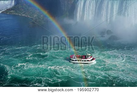 america, beautiful, blue, boat, canada, cruise, hornblower, horseshoe, landmark, landscape, mist, natural, nature, niagara, people, rainbow, river, scenic, summer, tourism, travel, view, water, waterfall