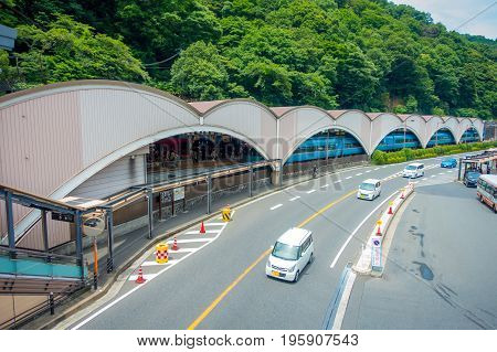 HAKONE, JAPAN - JULY 02, 2017: Hakone-Yumoto station which serves as the entry point into the Hakone mountain resort. The station featured in the anime and manga Neon Genesis Evangelion.