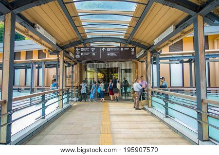 HAKONE, JAPAN - JULY 02, 2017: Hakone-Yumoto station which serves as the entry point into the Hakone mountain resort. The station featured in the anime and manga Neon Genesis Evangelion.