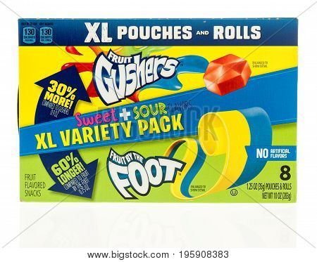 Winneconne WI - 15 July 2017: A box of Fruit Gushers and Fruit by the Foot on an isolated background.