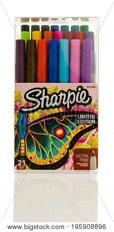 Winneconne WI - 16 July 2017: A package of Sharpie ultra fine markers in 21 colors on an isolated background.