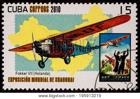 Moscow Russia - July 18 2017: A stamp printed in Cuba shows Fokker D.VII a German World War I fighter aircraft designed by Reinhold Platz series 