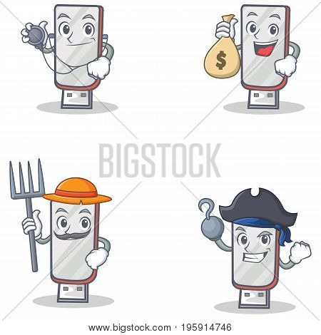 Set of flashdisk character with doctor money bag farmer pirate vector illustration