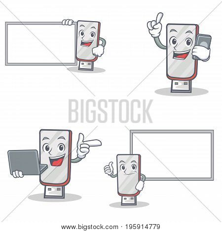 Set of flashdisk character with laptop phone and board vector illustration