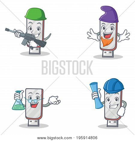 Set of flashdisk character with army elf professor architect vector illustration