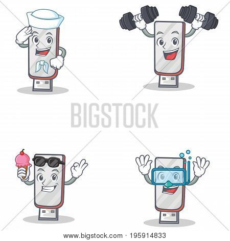 Set of flashdisk character with sailor fitness ice cream diving vector art