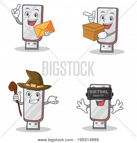 Set of flashdisk character with envelope box witch virtual vector illustration