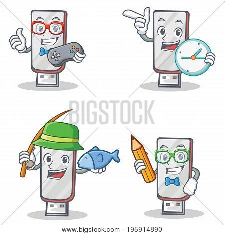 Set of flashdisk character with gamer clock fishing student vector illustration