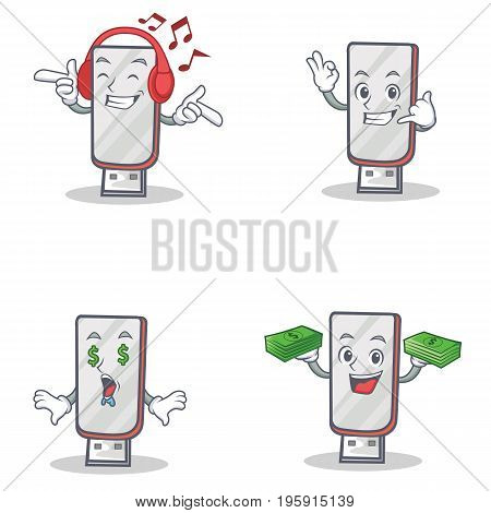 Set of flashdisk character with listening music call me money eye vector illustration