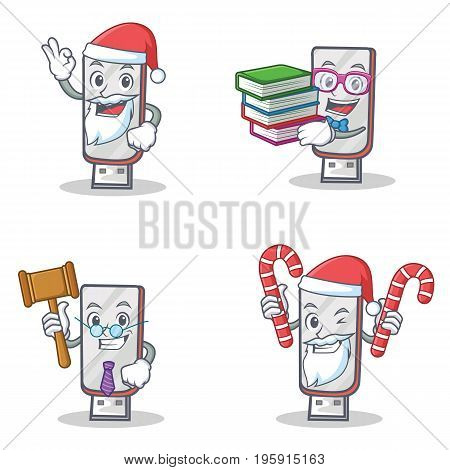 Set of flashdisk character with Santa candy book judge vector illustration