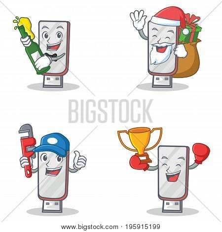 Set of flashdisk character with beer gift plumber winner vector illustration