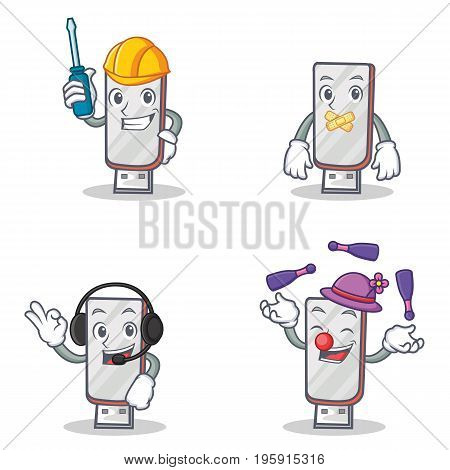 Set of flashdisk character with automotive silent headphone juggling vector illustration