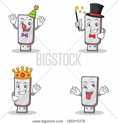 Set of flashdisk character with clown magician king crazy vector illustration