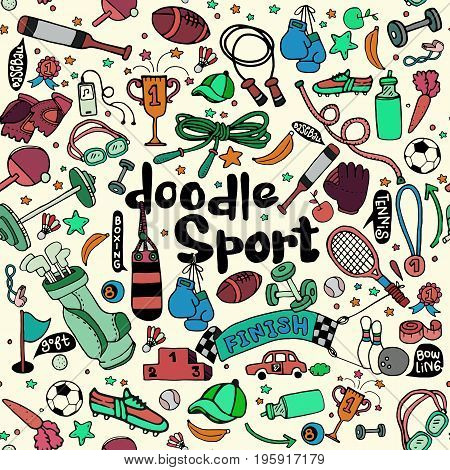 Vector Illustration Sport And Fitness Seamless Doodle Pattern