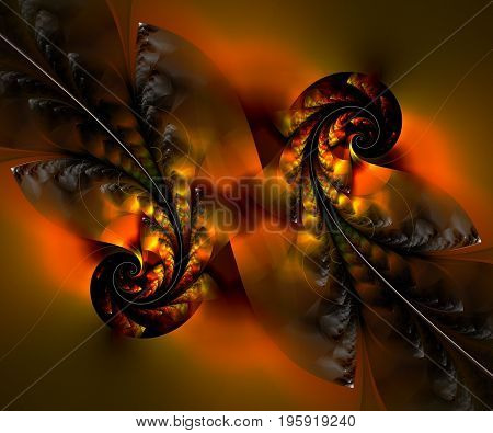 Computer generated fractal artwork with couple of flies on blured vackground