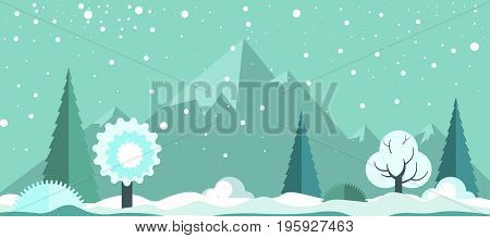 Cold winter panoramic spectacular landscape with light snowfall, white frozen trees, tall evergreen spruces, small snow drifts and high rocky mountains on horizon cartoon vector illustration.