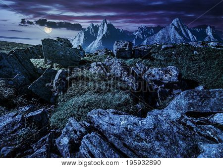 Rocky Peaks And Rocks On Hillside In Tatras At Night