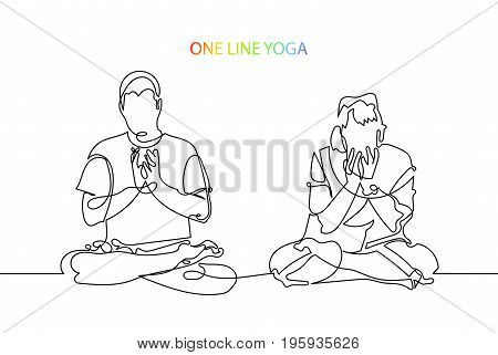 trendy continuous line black and white drawing in minimalistic style, man and woman meditate in lotus position, lineart vector illustration