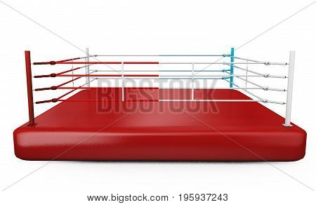 A 3D render of a modern boxing ring with opposing blue and red corners on an isolated white studio background