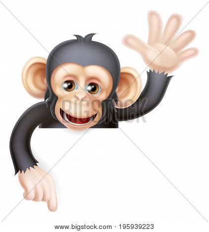 Cartoon chimp monkey like character mascot peeking above a sign waving and pointing down