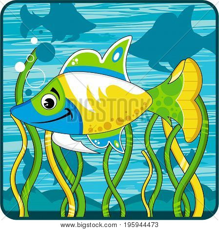 Cute Cartoon Tropical Fish Character Swimming Underwater