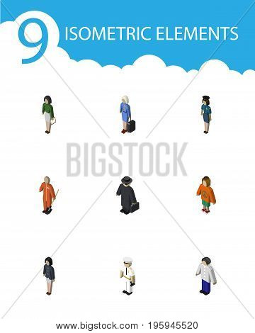 Isometric Person Set Of Cleaner, Seaman, Girl And Other Vector Objects