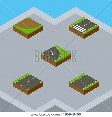 Isometric Road Set Of Turn, Asphalt, Unilateral And Other Vector Objects