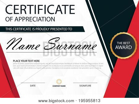 Red black Elegance horizontal certificate with Vector illustration white frame certificate template with clean and modern pattern presentation