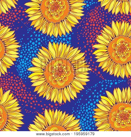 Vector seamless pattern with outline open Sunflower or Helianthus flower in yellow and orange on the blue background. Floral pattern with ornate Sunflowers in contour style for summer design.