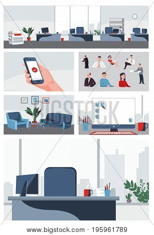 Business office set collection people and backgrounds for info graphic, advertise, cartoon, print, project