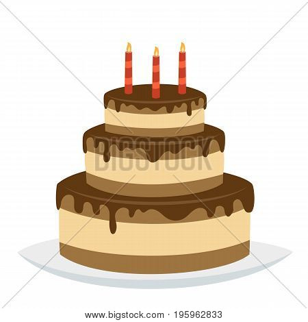 Delicious three-tiered chocolate birthday cake with happy birthday candles isolated on white background. Vector illustration