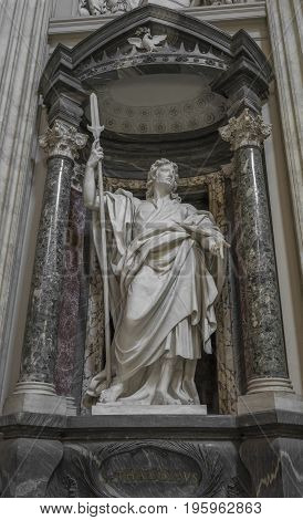 Sculpture of the Apostle San Taddeo in the Basilica of St. John Lateran in Rome. Rome Italy June 2017